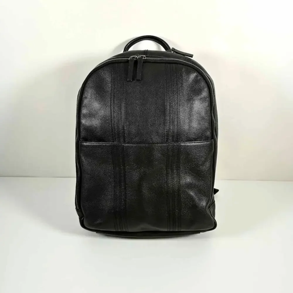 Au Printemps Paris Black Leather Backpack - Laptop Sleeve - Padded Straps